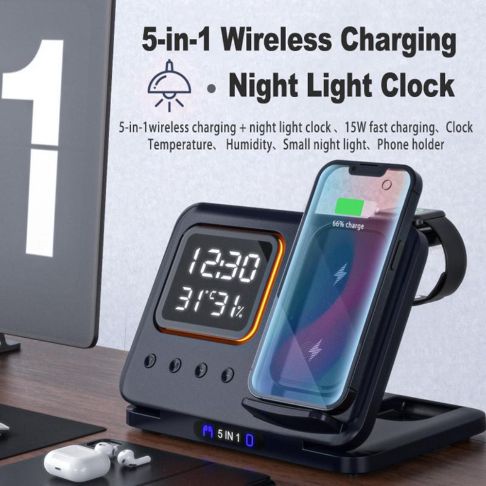 15W 5-in-1 Wireless Charging Alarm Clock